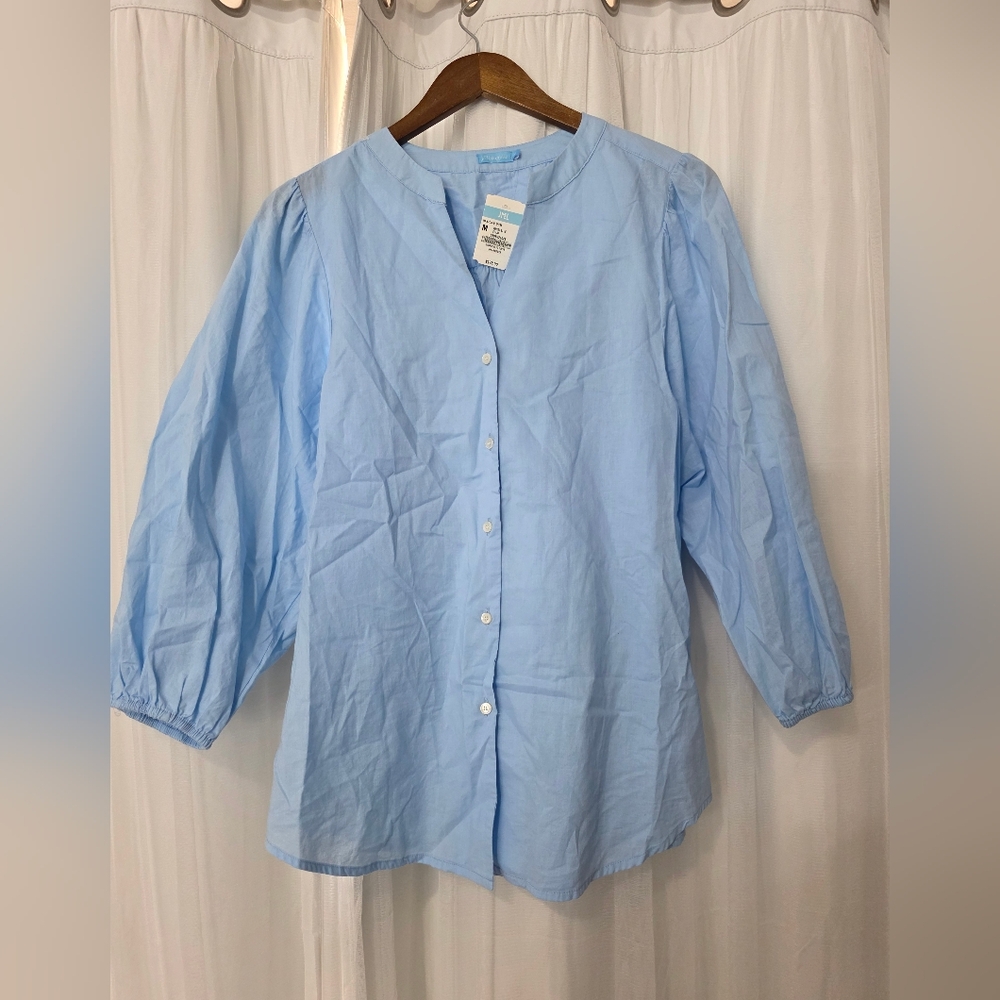 NWT J.McLaughlin Frost Blue Balloon Sleeve Blouse - Medium Coastal Chic